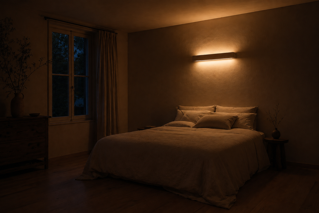 Chambre dans le noir, l'applique en pierre naturelle projette un double halo sur le mur