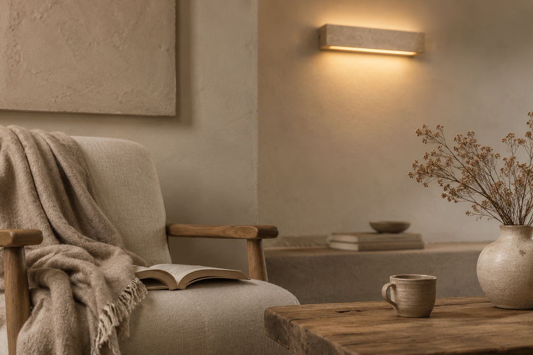 Coin de pièce habité, fauteuil en lin et céramique, applique en pierre allumée en arrière-plan