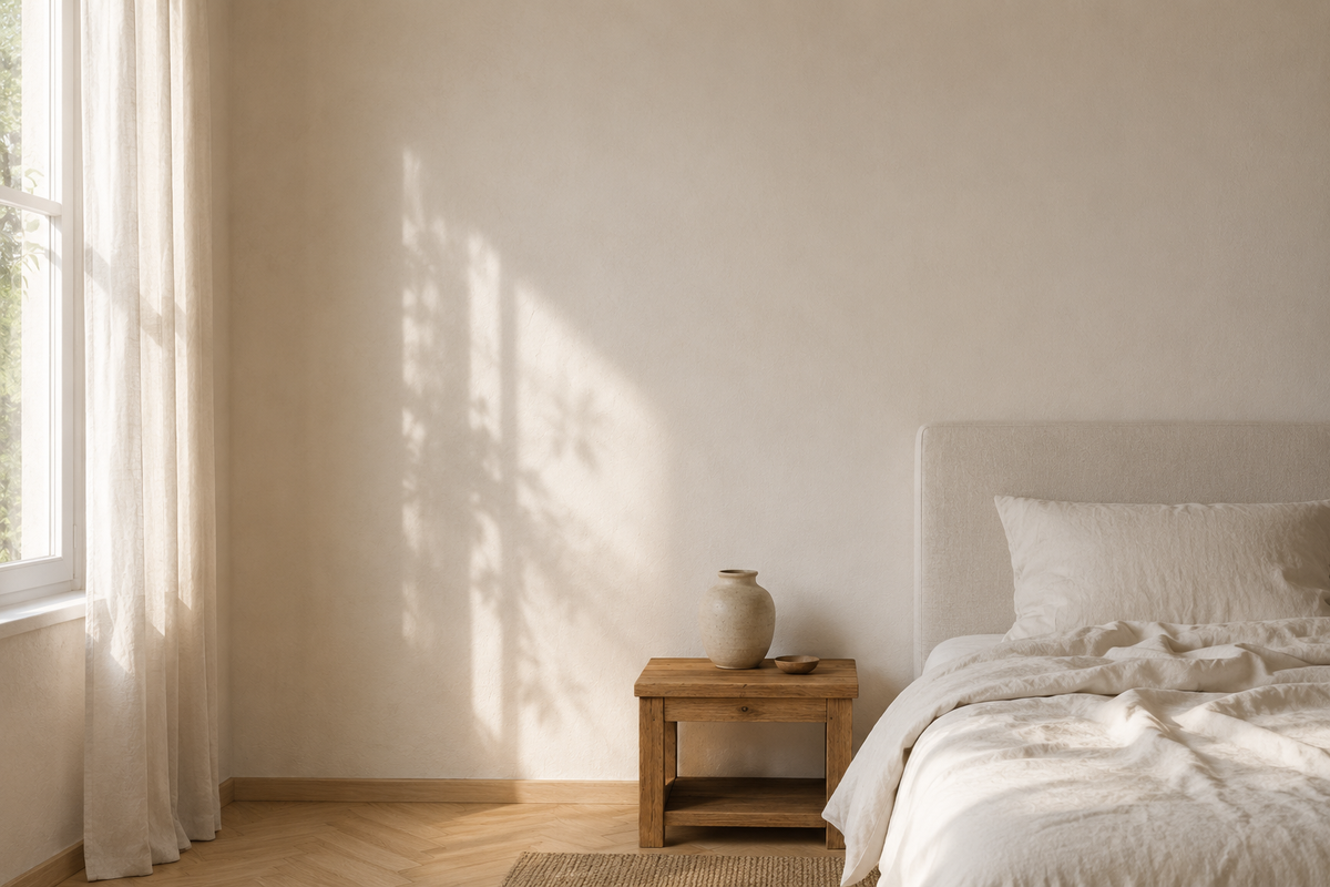 Chambre avec le mur nu au-dessus de la table de chevet