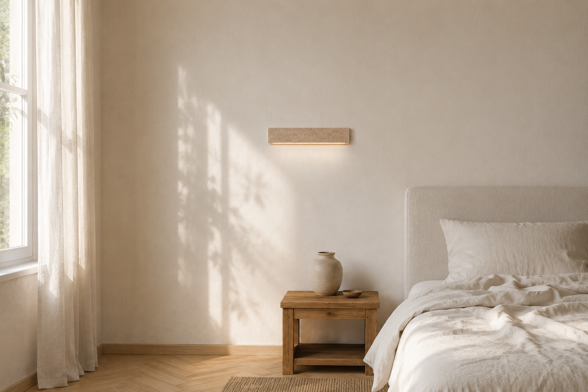 La même chambre avec l'applique en pierre naturelle allumée au-dessus du chevet