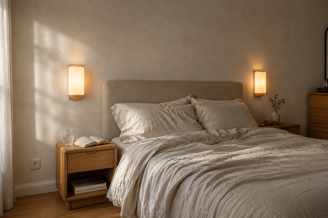 Deux appliques en bois et verre allumées de part et d'autre d'un lit en lin