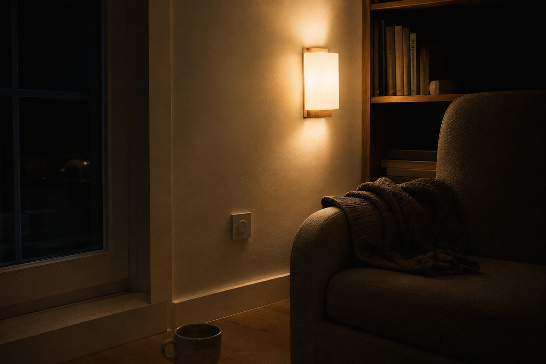 Applique seule source de lumière la nuit, près d'un fauteuil