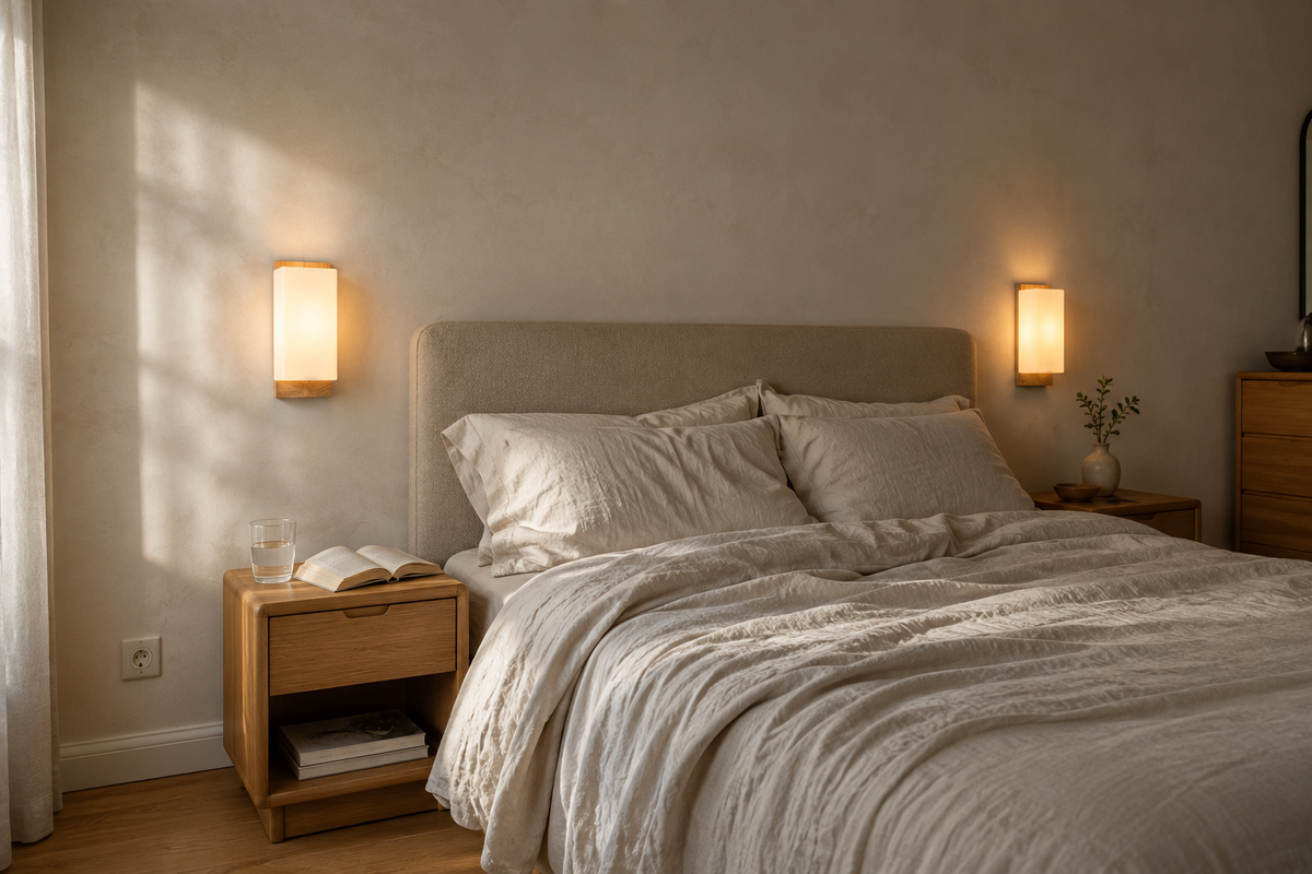 La même chambre avec les deux appliques allumées de part et d'autre du lit