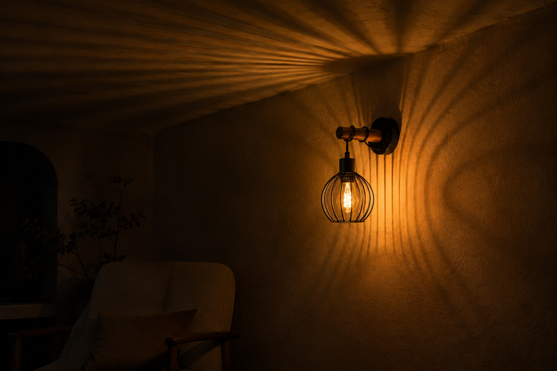 Applique bois vintage seule source de lumière la nuit, ombres en éventail