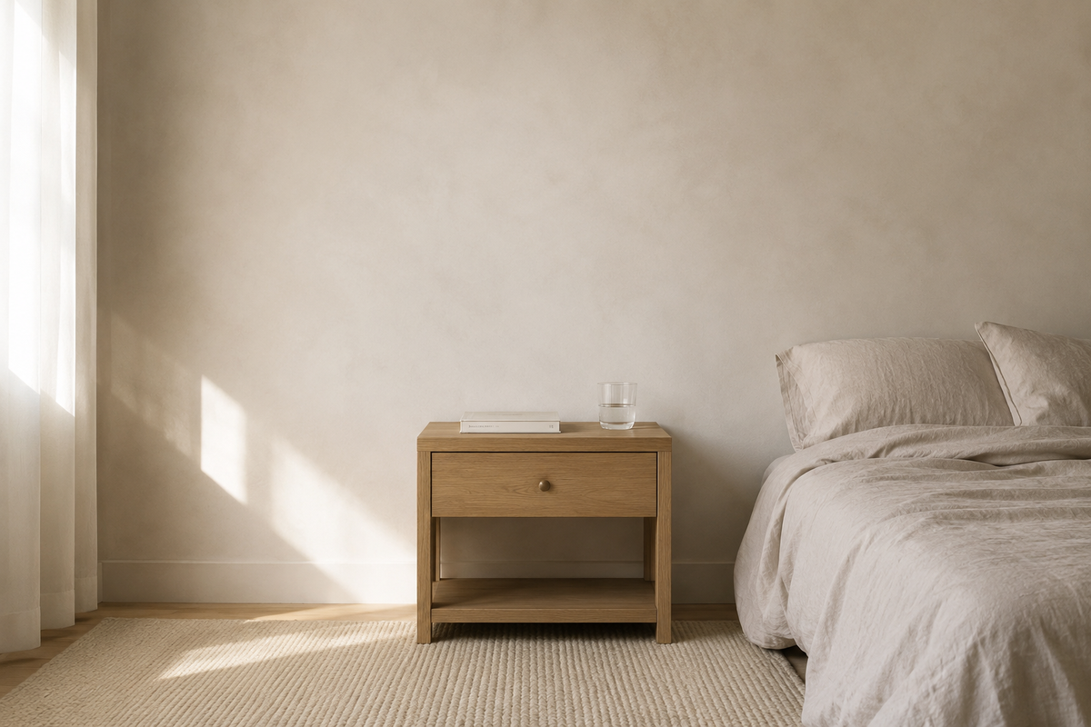 Chambre au petit matin, mur nu au-dessus de la table de chevet, avant la pose de l'applique en pierre naturelle