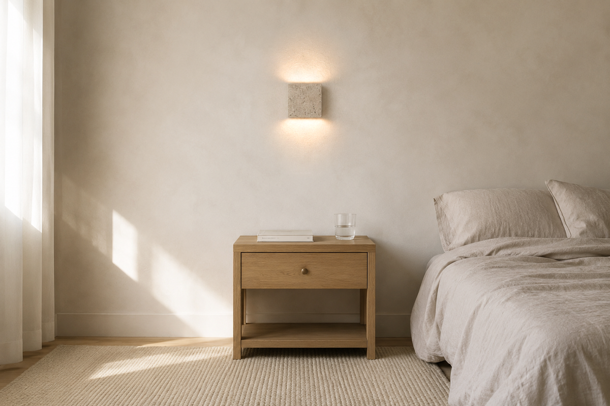 La même chambre avec l'applique de chevet en pierre naturelle allumée, lumière rasante chaude le long du mur