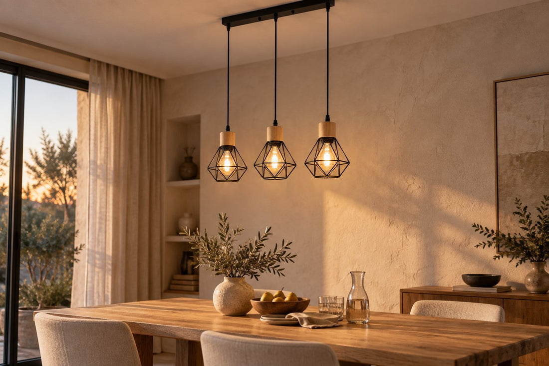 Salle à manger en chêne clair en fin de journée, lustre diamant allumé au-dessus de la table