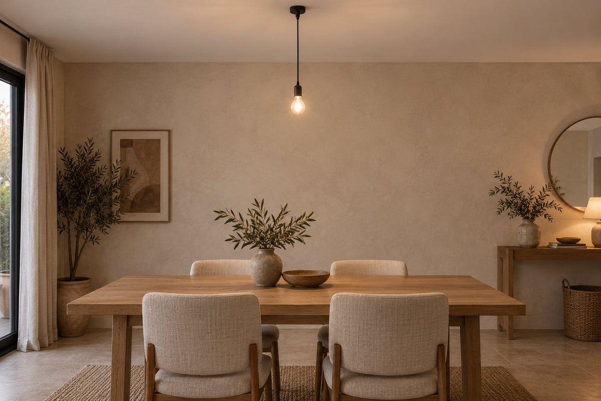 Salle à manger éclairée par une simple ampoule nue suspendue au plafond
