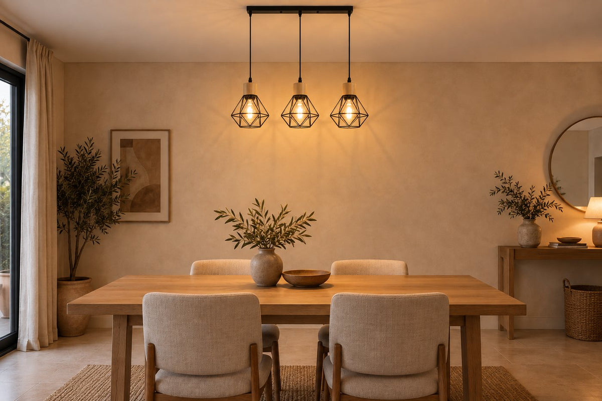 La même salle à manger avec le lustre diamant trois têtes allumé au-dessus de la table