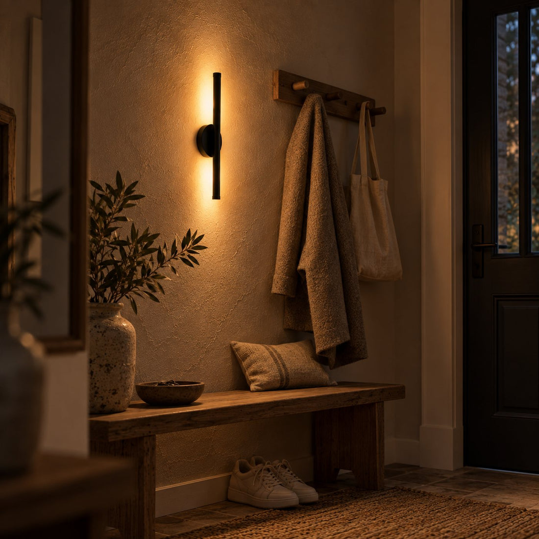Entrée avec console en bois et applique sans fil noire allumée à la verticale