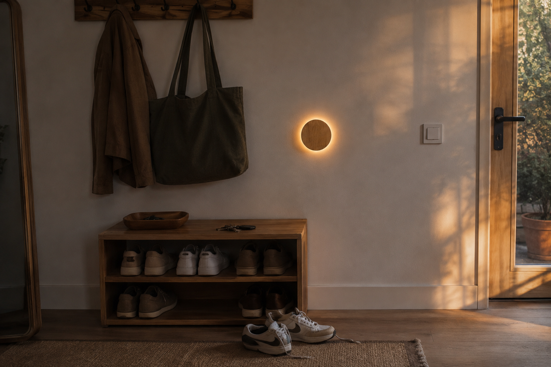 Applique circulaire en bois allumée dans une entrée, au-dessus d'un meuble à chaussures