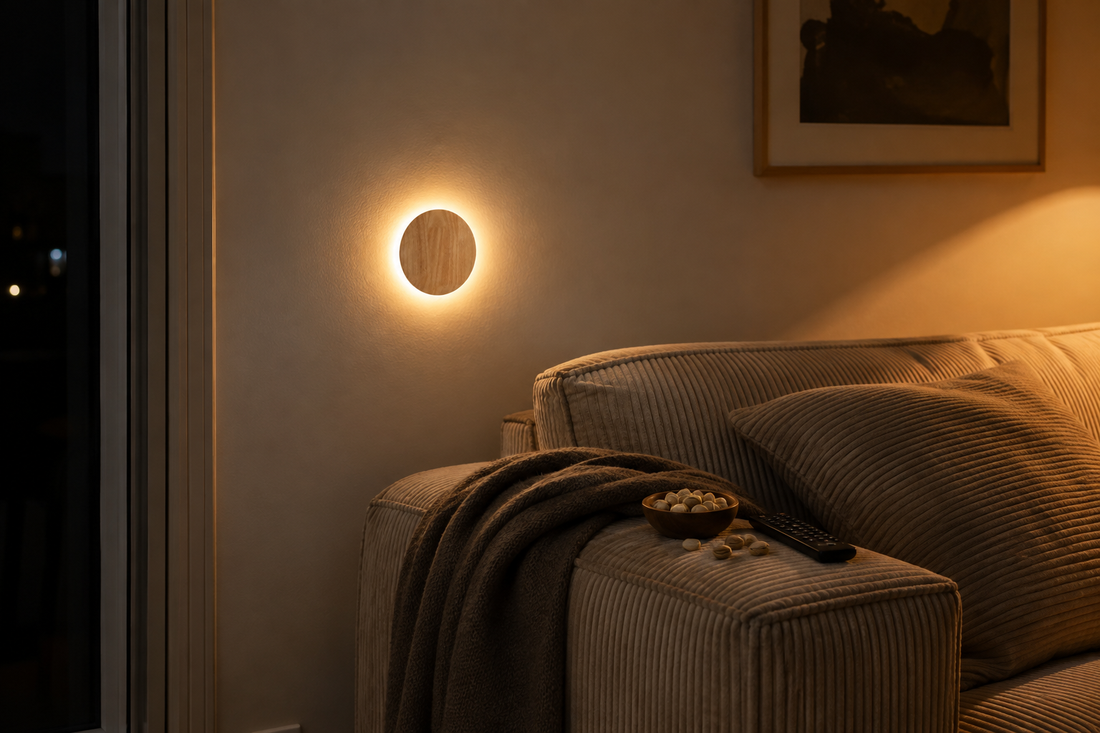 Applique circulaire en bois allumée au-dessus d'un canapé, le soir