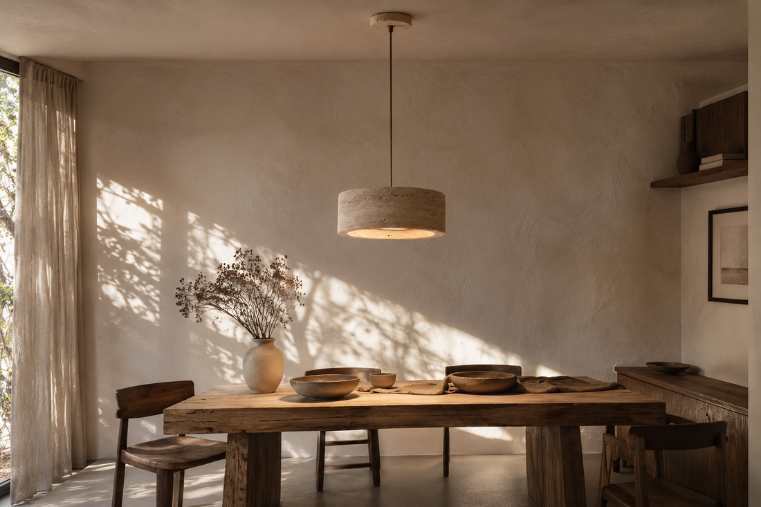 Salle à manger en bois brut et mur à la chaux, suspension en travertin jaune allumée au-dessus de la table