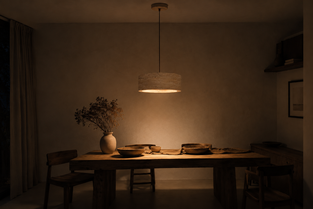 Salle à manger dans le noir, la suspension en travertin pose un cercle de lumière chaud sur le plateau
