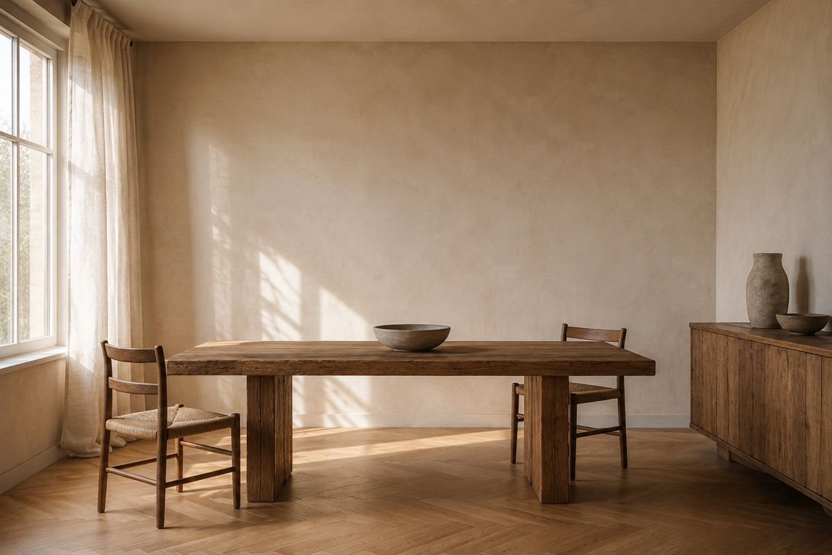 Salle à manger avec un plafond nu, sans luminaire au-dessus de la table