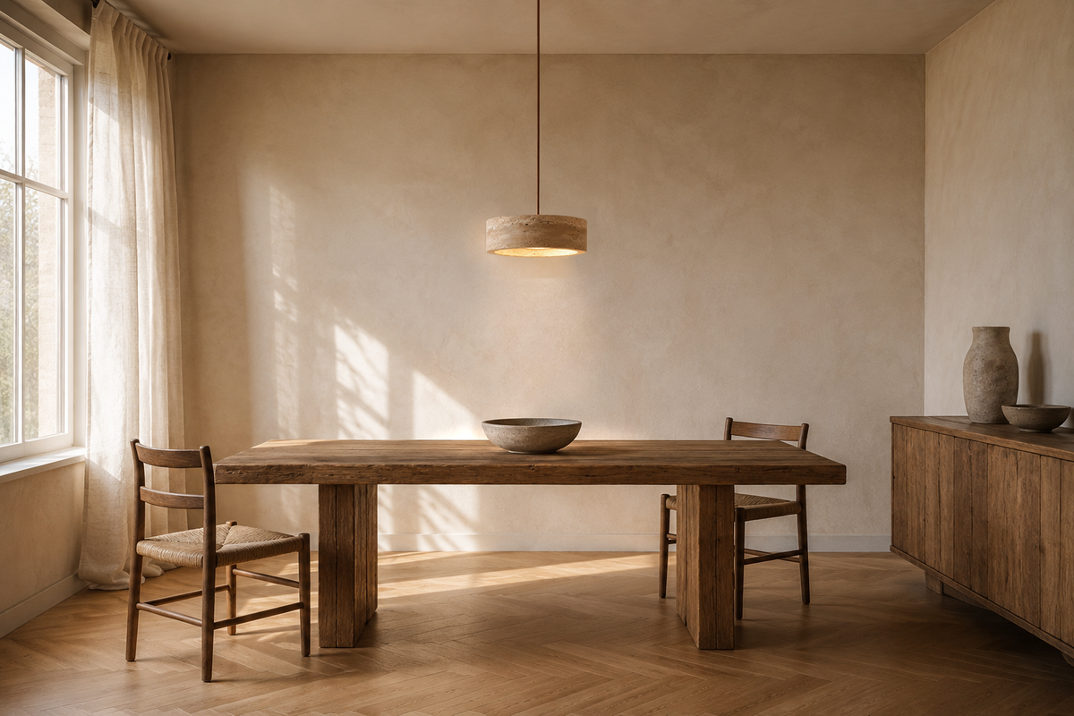 La même salle à manger avec la suspension en travertin jaune allumée au-dessus de la table