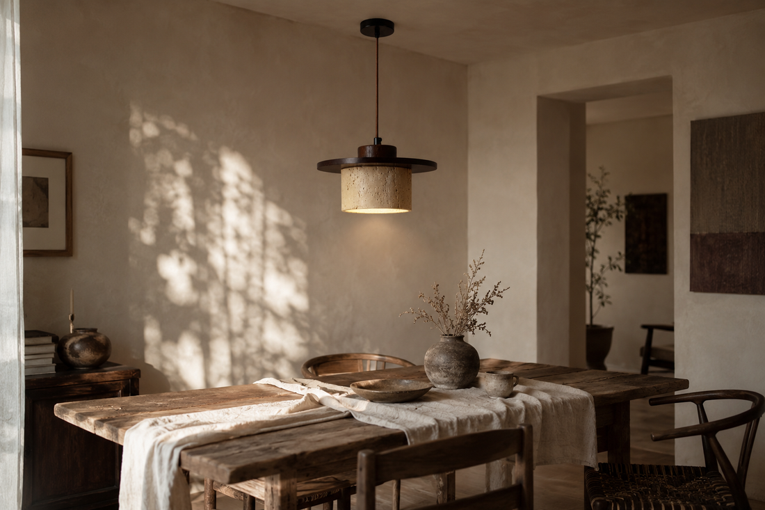 Salle à manger en bois brut et mur à la chaux, suspension en travertin jaune et disque de bois allumée au-dessus de la table