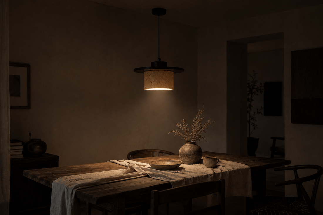 Salle à manger dans le noir, la suspension pose un cercle de lumière chaud sur le plateau de la table
