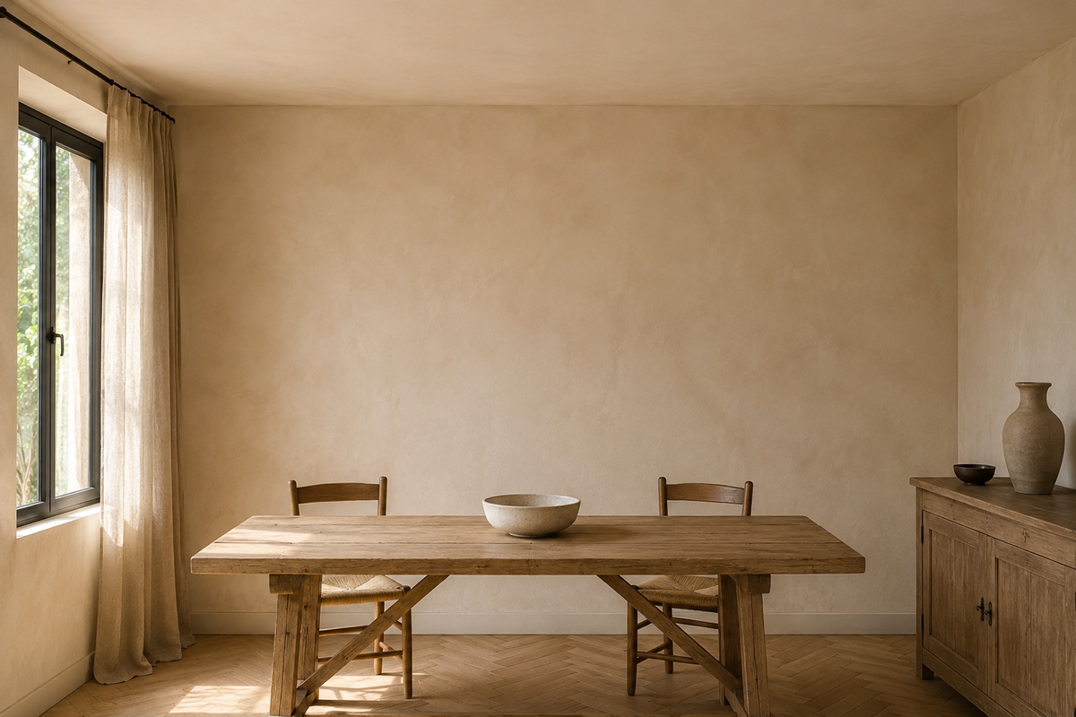 Salle à manger avec un plafond nu, sans luminaire au-dessus de la table