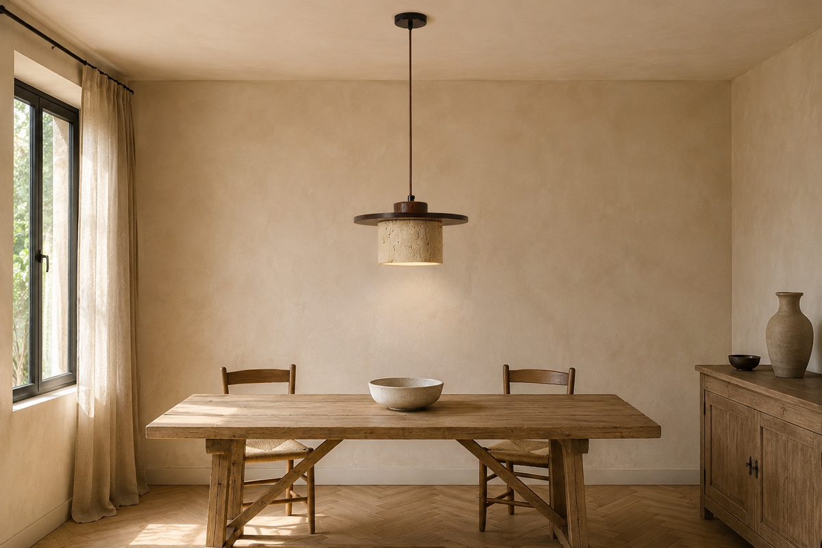 La même salle à manger avec la suspension en travertin jaune allumée au-dessus de la table