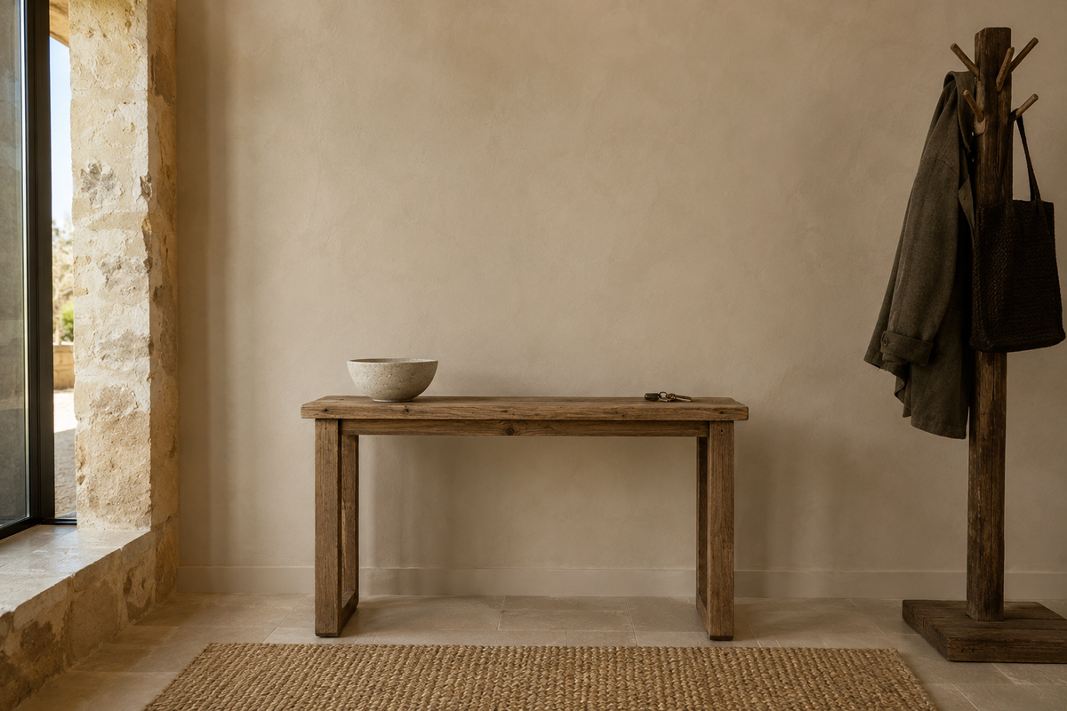 Entrée de maison de campagne en fin de journée, mur nu au-dessus de la console, avant la pose de l'applique
