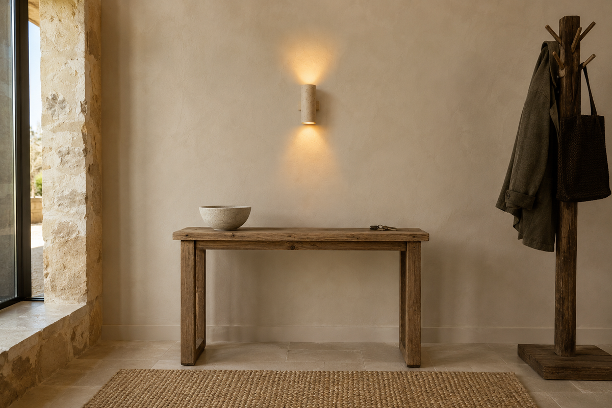 La même entrée avec l'applique Wabi-Sabi en travertin et bois allumée, deux cônes de lumière chaude sur le mur
