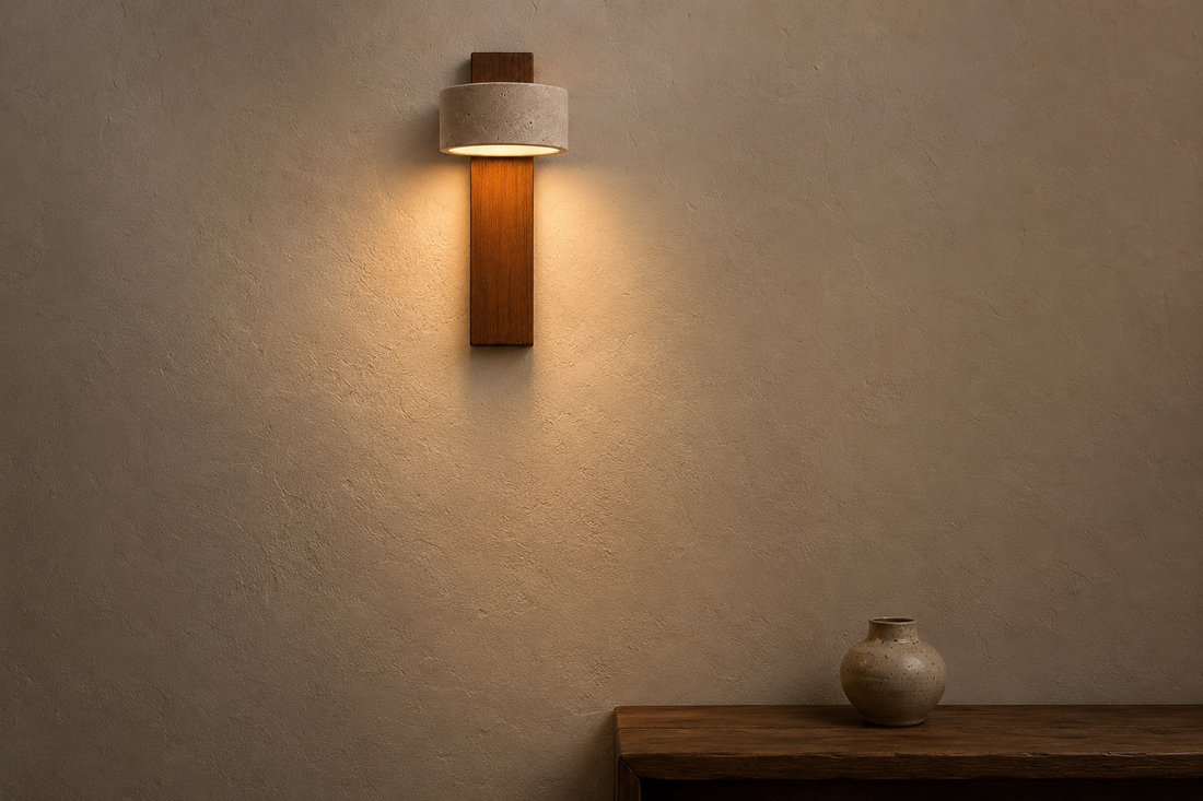 Mur à la chaux crème révélé par la lumière rasante et chaude de l'applique, hors champ